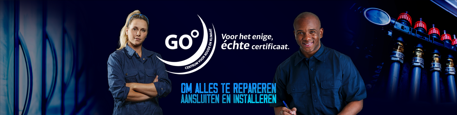 afbeelding met vrouw en man, Voor het enige échte certificaat om, alles te repareren, aansluiten en installeren