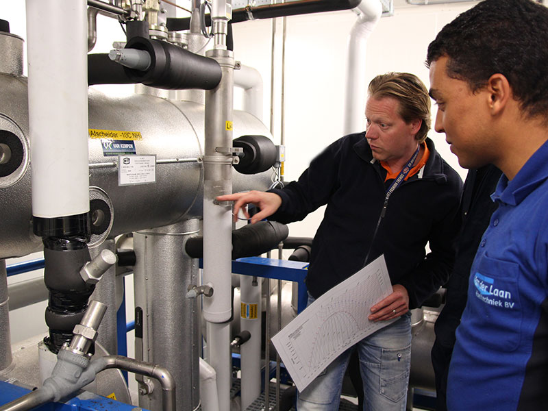 Twee mannen bekijken warmtepomp